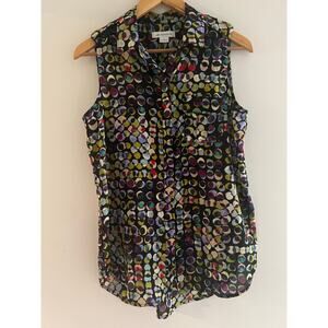 Liz Claiborne Sheer Sleeveless Button Down Colorful Abstract Size Small JL